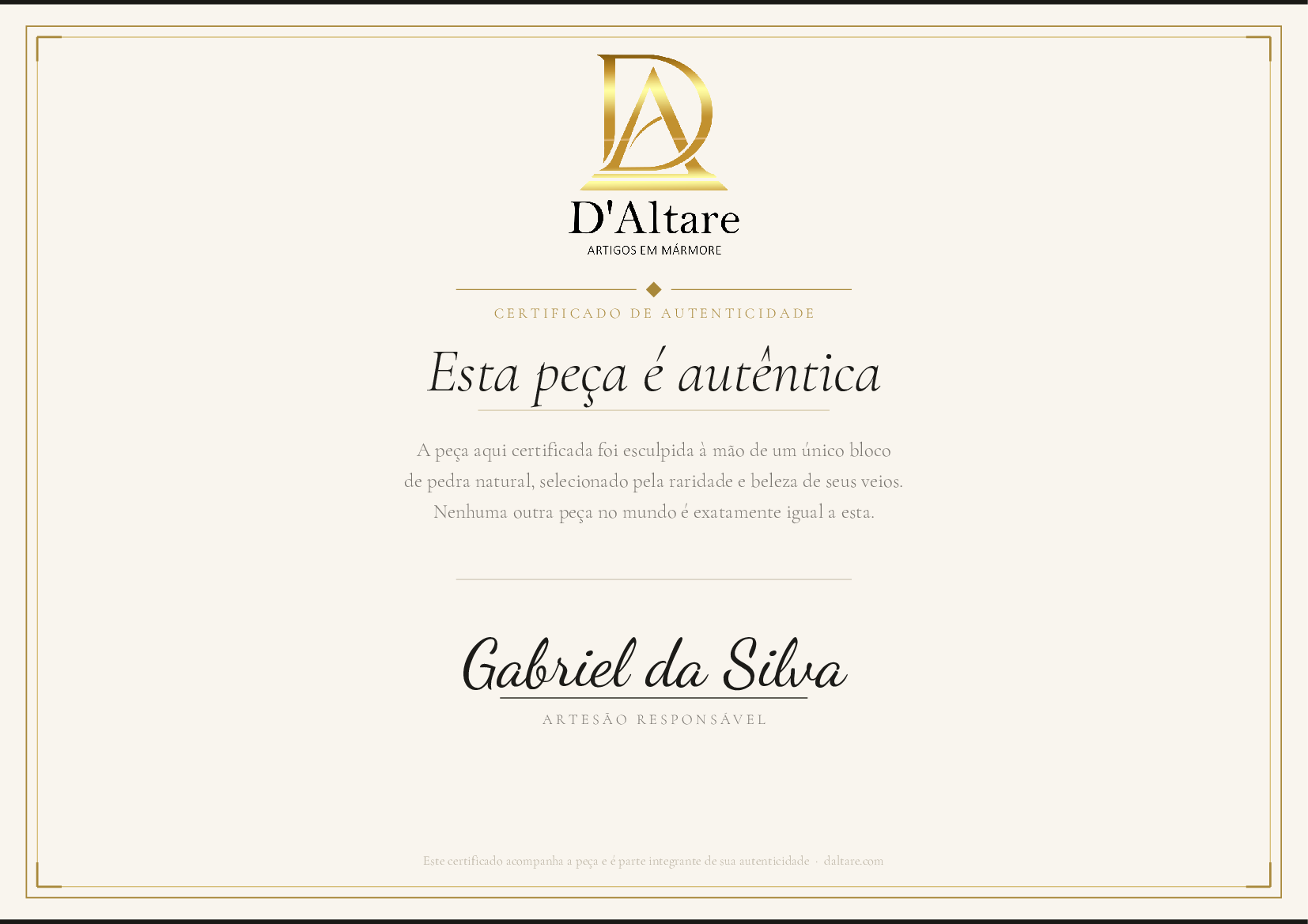 Certificado de autenticidade D'Altare