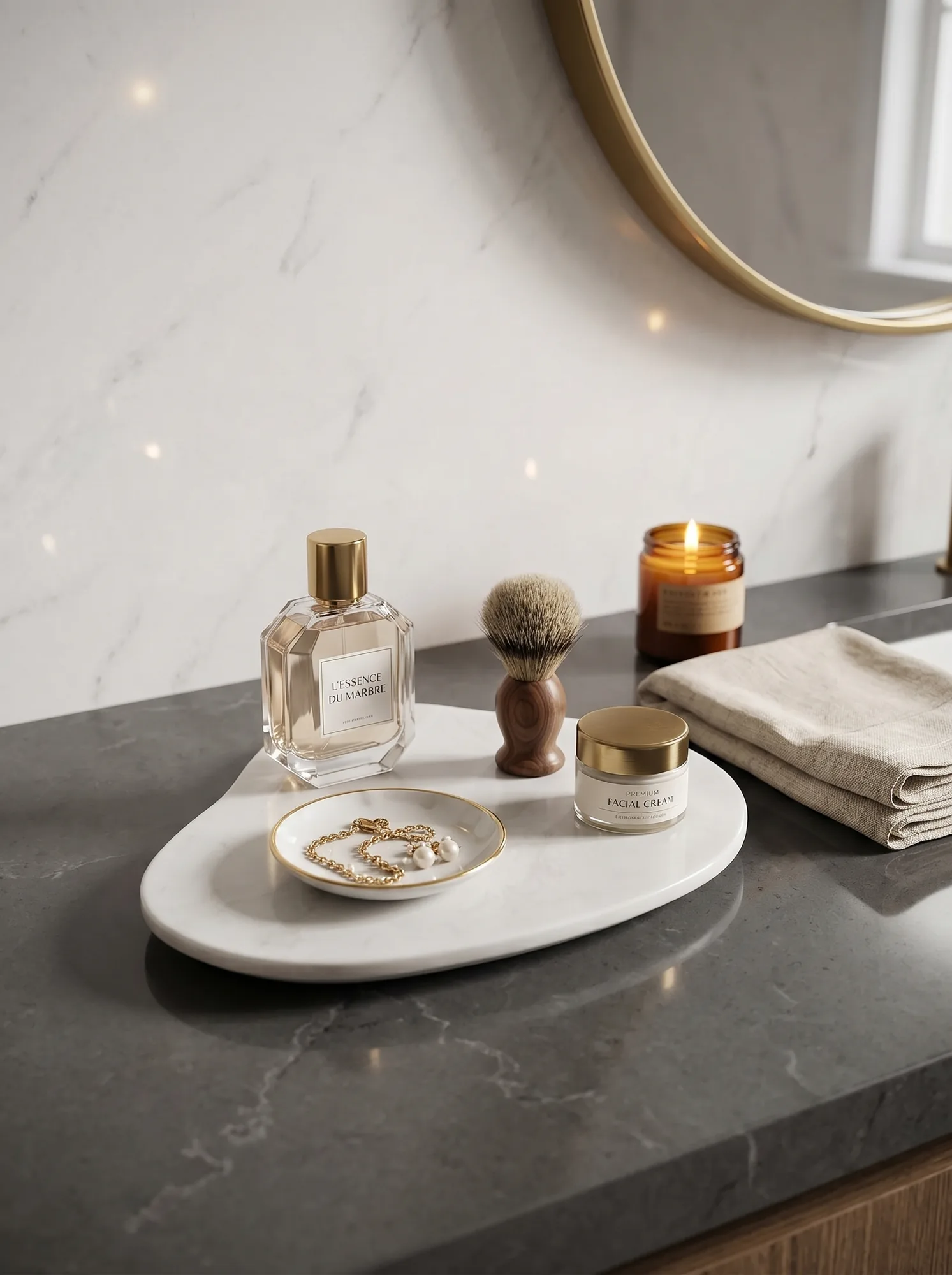 Bandeja Rivus em mármore Biancato, bancada de banheiro com perfume e creme facial